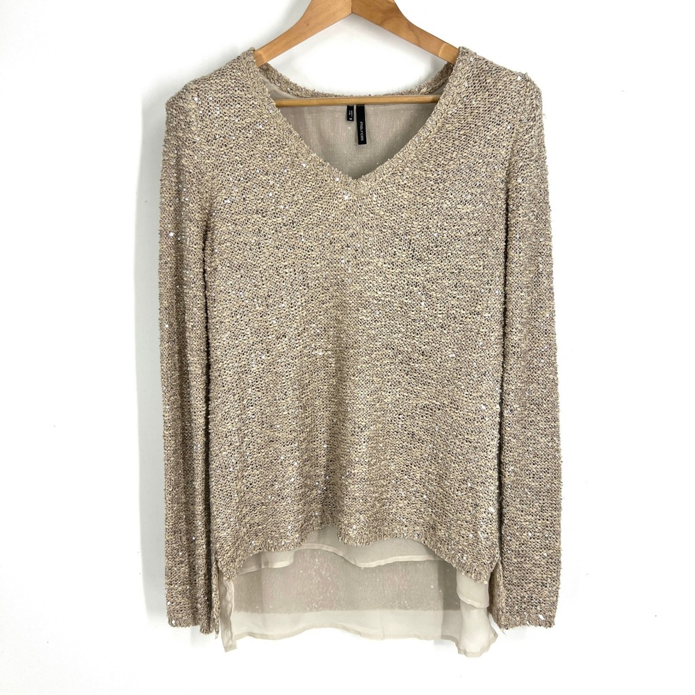 Maurices Womens Sequin Knit V-Neck Sweater High Low Layered Hem Gold Medium